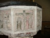 NE: Crucifixion, the odd-panel-out, but here perhaps the best panel, almost unvandalised, and John and Mary at the foot of the cross retaining colour in the drapery of their clothes