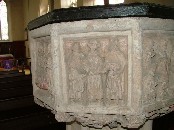 Matrimony, the Priest, flanked by two acolytes, wrapping his stole around the hands of the happy couple, who have interestingly been completely effaced from the shoulders up