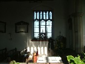 peering wistfully through the window