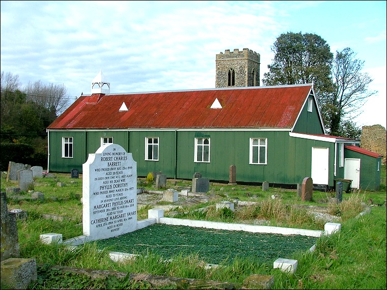 Burgh Parva: the 'temporary' church, with the ruined tower beyond