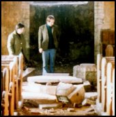 Roger Last showing the Harrods around Corpusty church, 1974