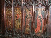 St Jude with a boat, St Peter with a bunch of keys, a Bishop who appears to be wearing a papal tiara and is therefore St Gregory, and St Clement with an anchor