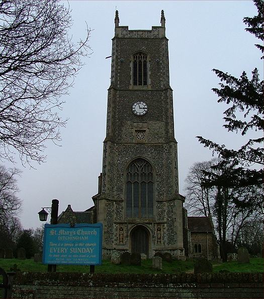 Ditchingham's massive tower, rather austere in winter twilight