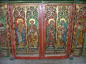 rood screen - gates: Blessed Virgin and Christchild, St Lawrence, St Joachim, St Anne and Blessed Virgin