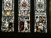 west window - 1: St Margaret sits in a field and spins; 2: St Margaret in her suitor's palace; 3: St George in armour (upper) and St George slays the dragon (lower)