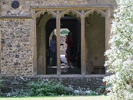 view from cloisters into church